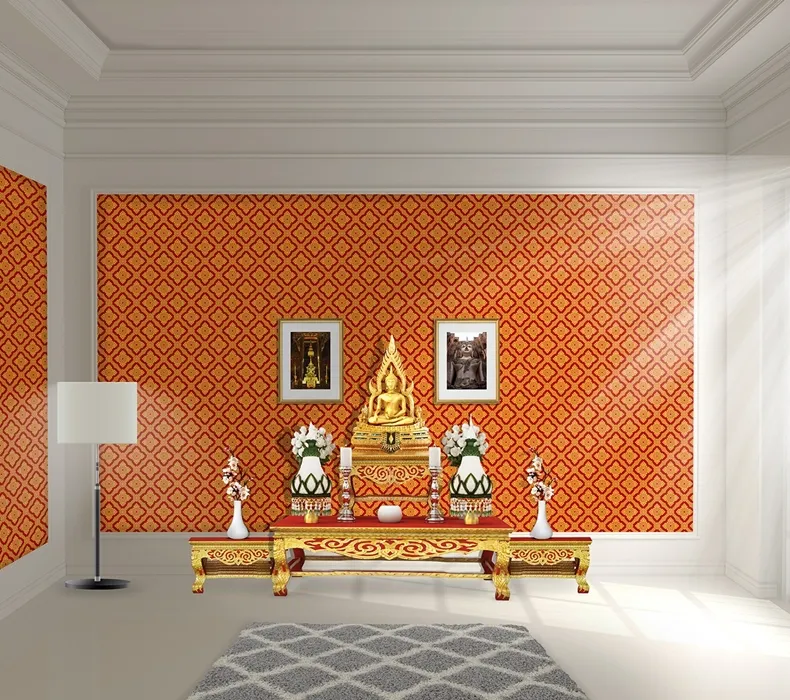 วอลเปเปอร์ลายไทย ดอกประจำยาม สีแดง รหัส JPS701