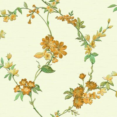 วอลเปเปอร์ลายดอกไม้สีส้ม พื้นสีเขียวอ่อน เท็กเจอร์ผ้า No.FT221212