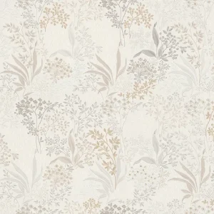 วอลเปเปอร์ลายใบไม้ ผสมดอกไม้เล็ก พื้นสีขาว No.10232-1