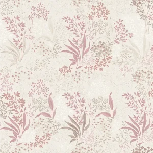 วอลเปเปอร์ลายลายใบไม้เล็ก สีชมพูพื้นเทาอ่อน