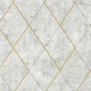 วอลเปเปอร์ลายปูนเปลือยสีเทาอ่อน ใส่เส้นตัดขอบสีทอง