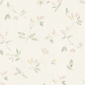 วอลเปเปอร์ลายดอกไม้ สีชมพู-เหลือง พื้นสีขาว