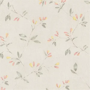 วอลเปเปอร์ลายดอกไม้ สีชมพู-เหลือง พื้นสีเทาอ่อน