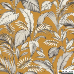 วอลเปเปอร์ลายใบไม้สไตล์ทรอปิคอล พื้นสีเหลืองมัสตาร์ด