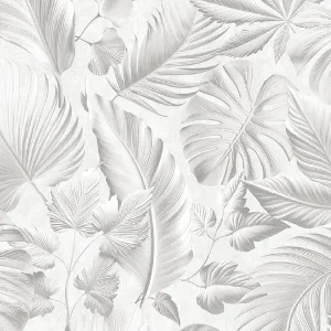 วอลเปเปอร์ลายใบไม้ทรอปิคอล สีเทาอ่อน No.52524-1