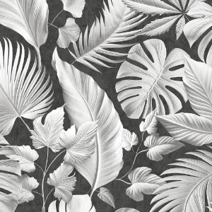 วอลเปเปอร์ลายใบไม้ทรอปิคอล สีดำเทา No.52524-4