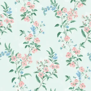 วอลเปเปอร์ลายดอกไม้สีโอรสฟ้า พื้นสีเขียวมิ้นท์อ่อน No.70517-2