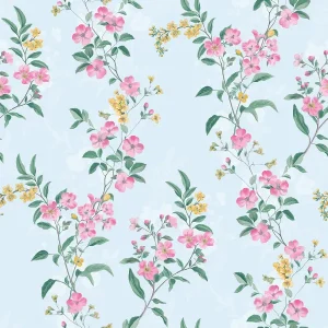 วอลเปเปอร์ลายดอกไม้สีชมพู พื้นสีฟ้าอ่อน No.70517-3