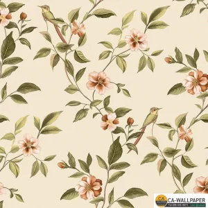 วอลเปเปอร์ลายดอกไม้สีส้ม พื้นสีครีม