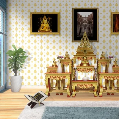 วอลเปเปอร์ลายใบโพธิ์ สีทองพื้นขาว รหัส JPS903
