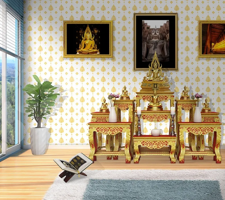 วอลเปเปอร์ลายใบโพธิ์ สีทองพื้นขาว รหัส JPS903