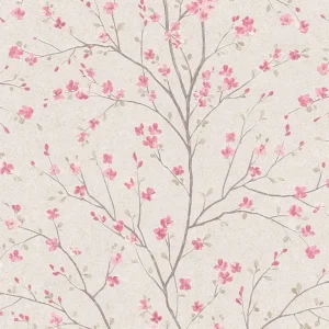 วอลเปเปอร์ลายดอกซากุระสีชมพู พื้นสีน้ำตาลอ่อน 37912-1