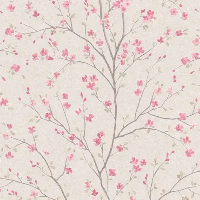 วอลเปเปอร์ลายดอกซากุระสีชมพู พื้นสีน้ำตาลอ่อน 37912-1