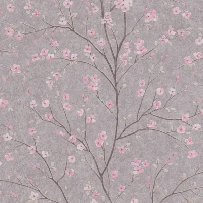 วอลเปเปอร์ลายดอกซากุระสีชมพู พื้นสีเทา 37912-2