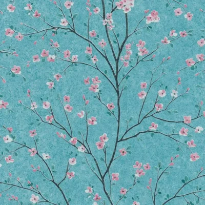 วอลเปเปอร์ลายดอกซากุระสีชมพู พื้นสีฟ้า 37912-3
