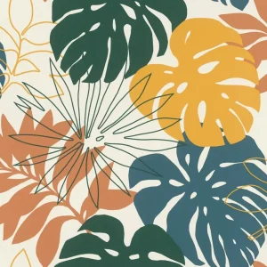 วอลเปเปอร์ลายใบไม้ สีเหลือง ส้ม (Tropical Style) No.529302