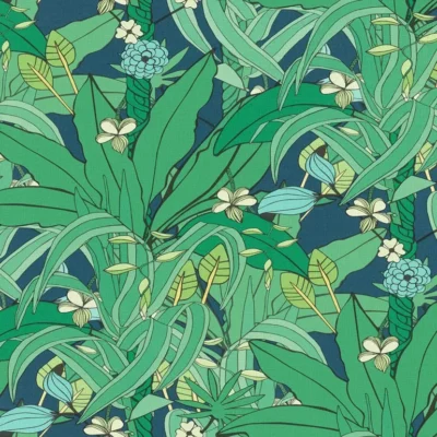 วอลเปเปอร์ลายใบไม้สีเขียว แซมสีฟ้า Tropical Style No.538922
