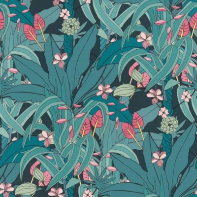 วอลเปเปอร์ลายใบไม้สีเขียว แซมสีฟ้า Tropical Style No.538922