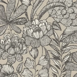 วอลเปเปอร์ลายดอกไม้สีขาวดำ พื้นสีเทา No.555332