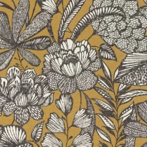 วอลเปเปอร์ลายดอกไม้สีขาวดำ พื้นสีเหลืองมาสตาร์ด No.555363