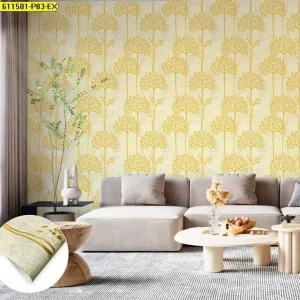 วอลเปเปอร์ติดผนังลายต้นไม้สีทองพื้นเหลืองอ่อน No.611501