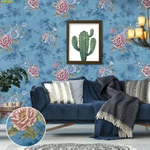 วอลเปเปอร์พื้นฟ้าลายดอกไม้สีชมพู รหัส 6A25