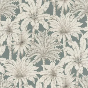 วอลเปเปอร์ลายใบไม้ต้นไม้ พื้นเขียวอมเทา (Tropical Style) No.832723