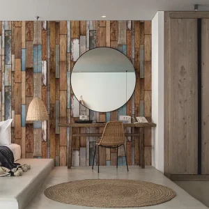 วอลเปเปอร์ลายไม้วินเทจ สลับสี โทนน้ำตาลฟ้า No.87007-1