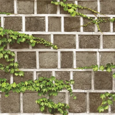 วอลเปเปอร์ลายอิฐสีเทาน้ำตาล มีใบไม้เลื้อยสีเขียว No.88428-2