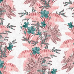 วอลเปเปอร์ลายดอกไม้สีเขียวอมเทา ใบสีชมพู No.88559-2