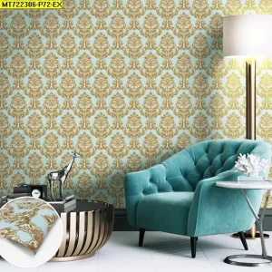 วอลเปเปอร์ลายหลุยส์สีทอง พื้นฟ้า No.MT722306