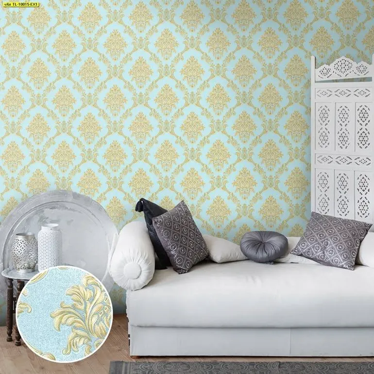 วอลเปเปอร์ลายหลุยส์ครีมพื้นฟ้า รหัส TL-10015