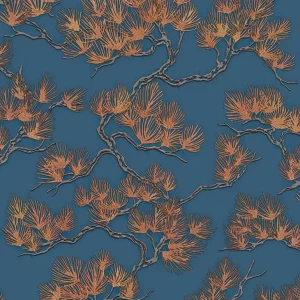 วอลเปเปอร์ลายใบไม้พื้นสีน้ำเงิน เท็กเจอร์ผ้าไหม No.WF121017