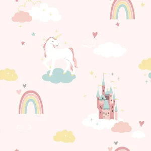วอลเปเปอร์ลายม้ายูนิคอร์น สายรุ้ง พื้นสีชมพูอ่อน No.5148-2