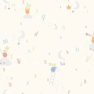 วอลเปเปอร์ห้องเด็กสีขาว ลายตัวหนังสือ กระต่าย เมฆ No.5155-1