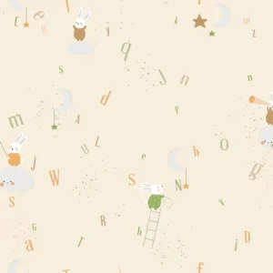 วอลเปเปอร์ห้องเด็กสีครีม ลายกระต่าย เมฆ ตัวหนังสือ No.5155-2