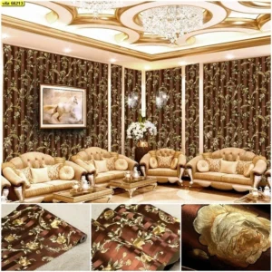 วอลเปเปอร์ลายดอกกุหลาบ สีทองพื้นน้ำตาล No.66213