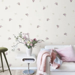 วอลเปเปอร์ลายดอกไม้สีม่วง ดอกเล็ก พื้นสีขาว มีกลิเตอร์ No.82057-2