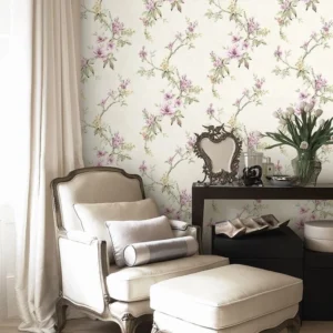 วอลเปเปอร์ลายดอกไม้สีชมพู พื้นสีขาวมุก มีกลิเตอร์ No.82059-1