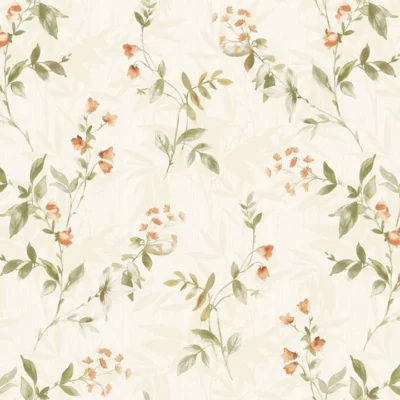 วอลเปเปอร์ห้องนอนลายดอกไม้ สีส้ม พื้นสีขาว No.82065-4