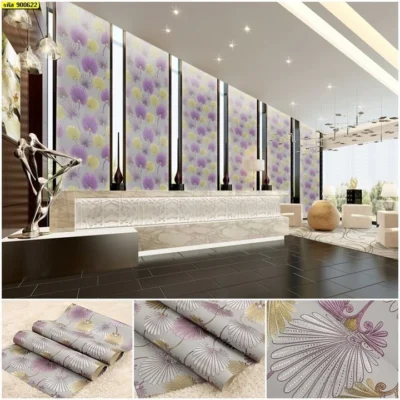 วอลเปเปอร์ลายพัดสีม่วง พื้นสีเทา No.900622