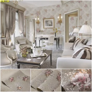 วอลเปเปอร์ลายหลุยส์ดอกไม้ สีชมพูพื้นเทาปนเงิน No.900811