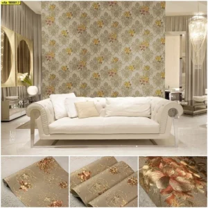 วอลเปเปอร์ลายหลุยส์ดอกไม้ สีน้ำตาลพื้นเทาปนทอง No.900812