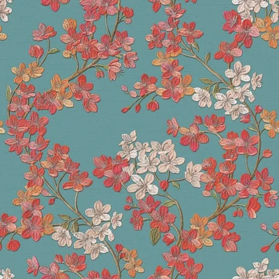 วอลเปเปอร์ลายดอกไม้สีส้มแดง พื้นสีเขียวอมฟ้า No.GR322205