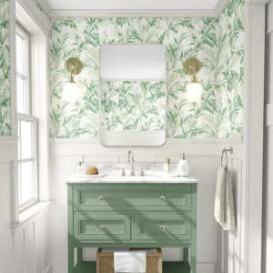 วอลเปเปอร์ลายใบไม้ทรอปิคอลสีเขียว พื้นสีขาว No.34527-1