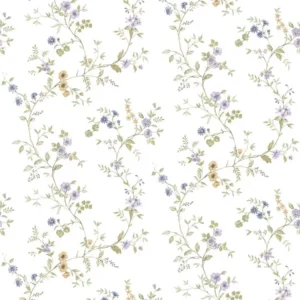 วอลเปเปอร์ลายดอกไม้วินเทจ สีม่วงฟ้า สีพื้นขาว No.8357