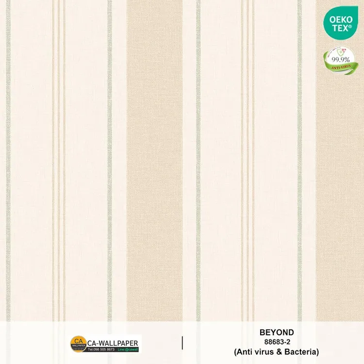 วอลเปเปอร์ลายทางสีครีมน้ำตาล สลับสีเขียว ช่องขนาด 8 เซ็นฯ No.88683-2