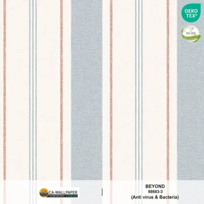 วอลเปเปอร์ลายทางสีขาวฟ้า สลับสีแดง ช่องขนาด 8 เซ็นฯ No.88683-3