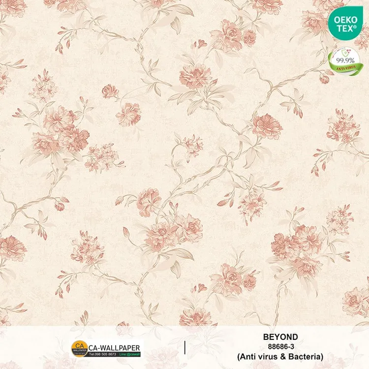 วอลเปเปอร์ลายดอกไม้วินเทจ ลายดอกกุหลาบสีชมพูพลาสเทล พื้นสีขาว No.88686-3