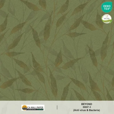 วอลเปเปอร์ลายใบไม้วินเทจ พื้นสีเขียว ลายสีเขียวเข้มเคลือบทอง No.88687-2